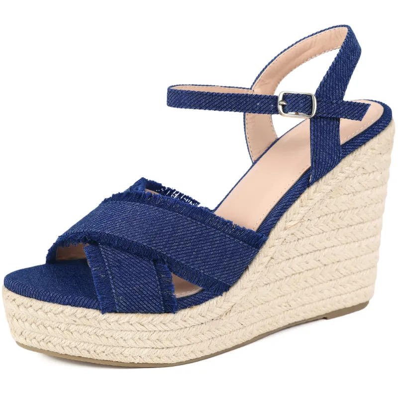 Women's Denim Crisscross Platform Espadrilles Wedge Sandals sold by Allegra K