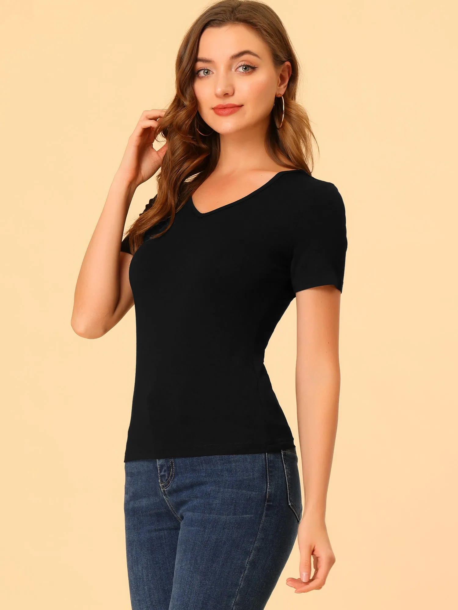 V Neck Blouse Basic Casual Solid Short Sleeve Slim Fit Tees Top sold by Allegra K product image thumbnail 5