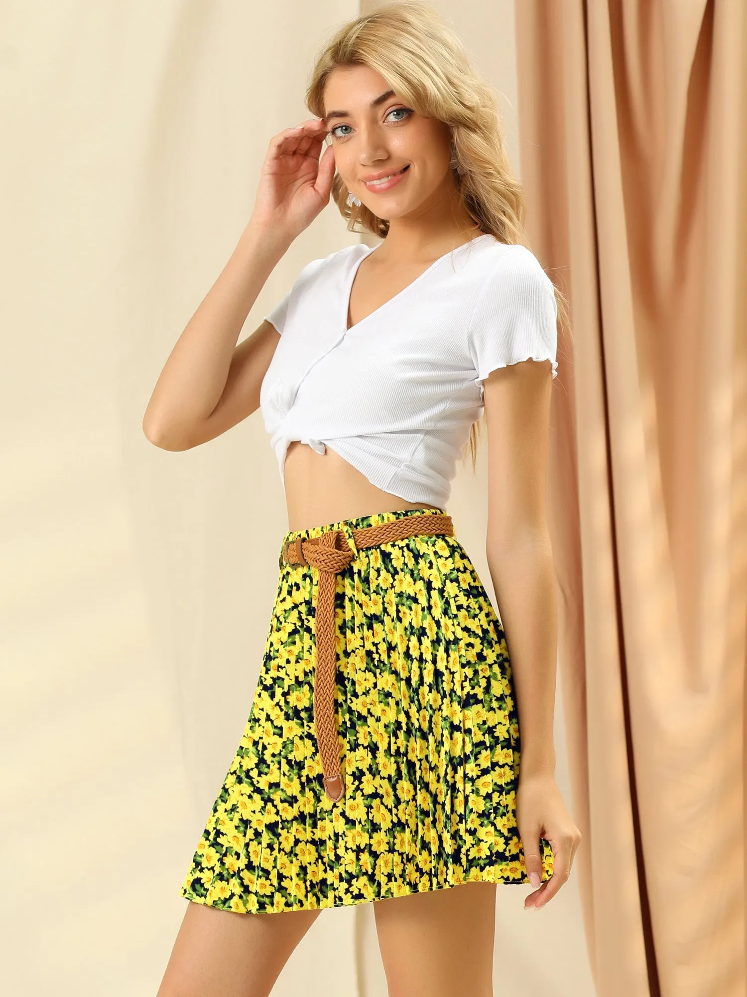 Pleat Mini Skater Elastic Waist A-Line Floral Skirt with Belt sold by Allegra K product image thumbnail 2