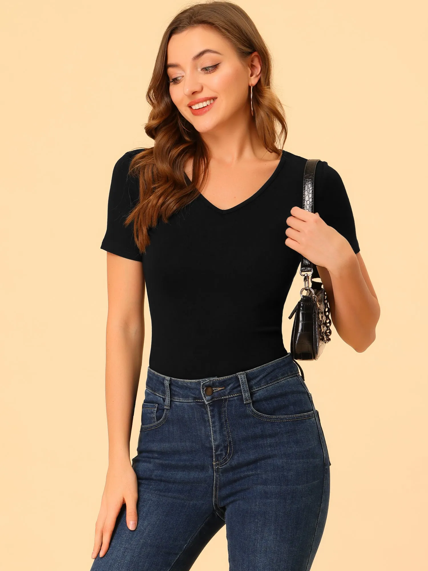 V Neck Blouse Basic Casual Solid Short Sleeve Slim Fit Tees Top sold by Allegra K product image thumbnail 4