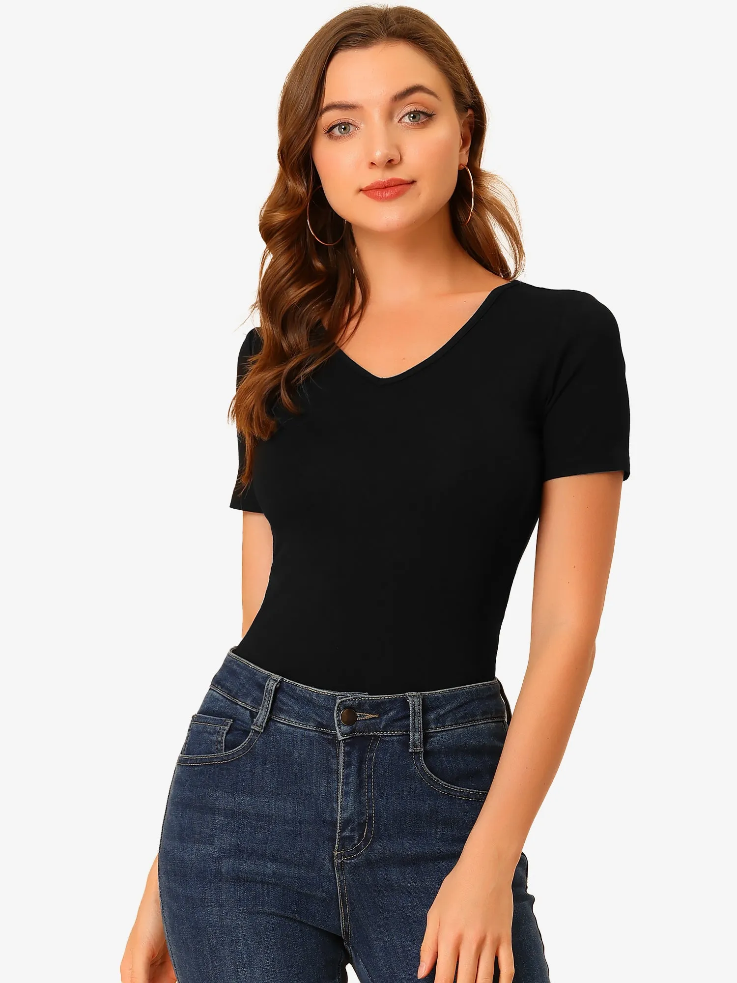 V Neck Blouse Basic Casual Solid Short Sleeve Slim Fit Tees Top sold by Allegra K