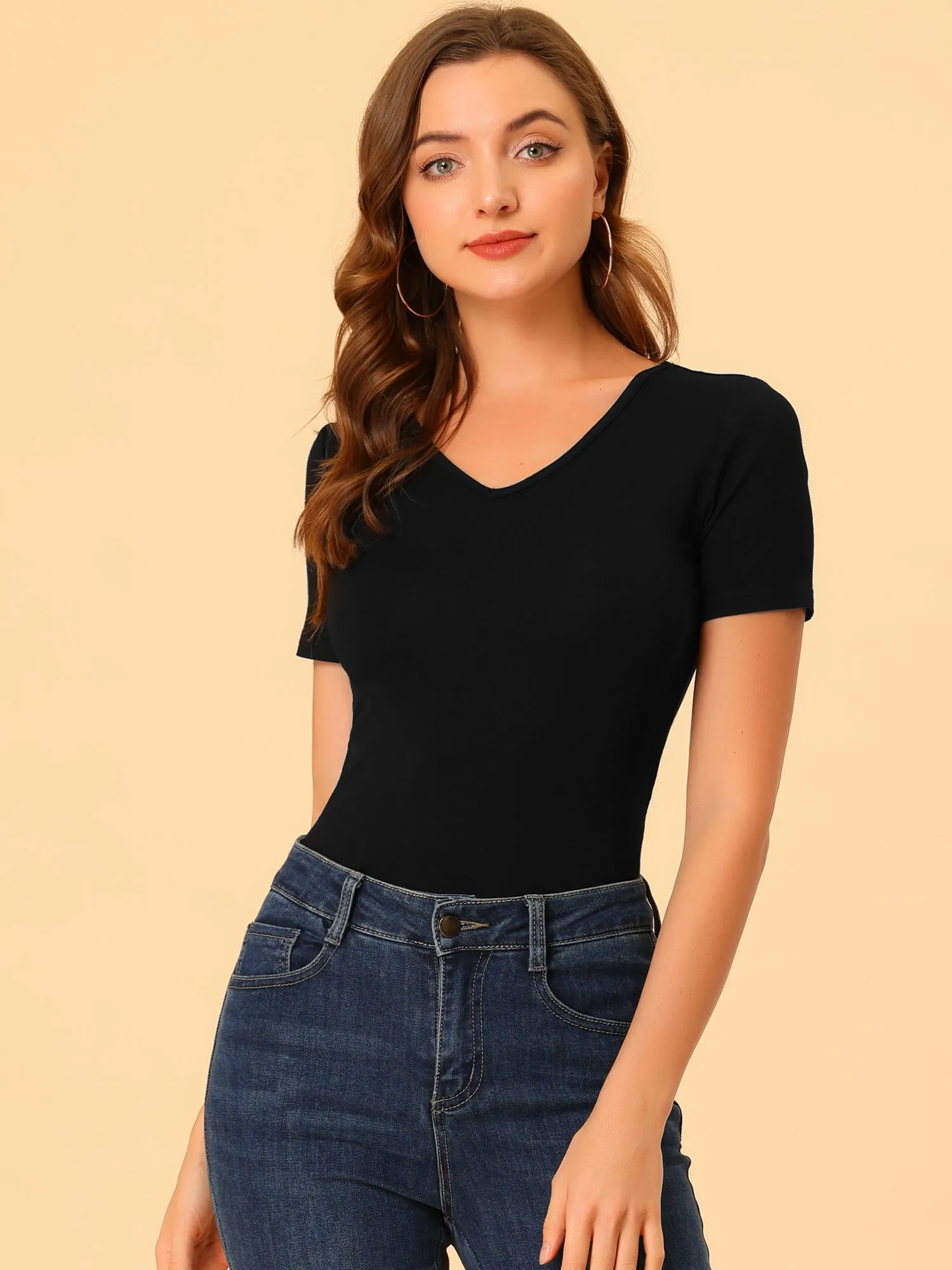V Neck Blouse Basic Casual Solid Short Sleeve Slim Fit Tees Top sold by Allegra K product image thumbnail 3
