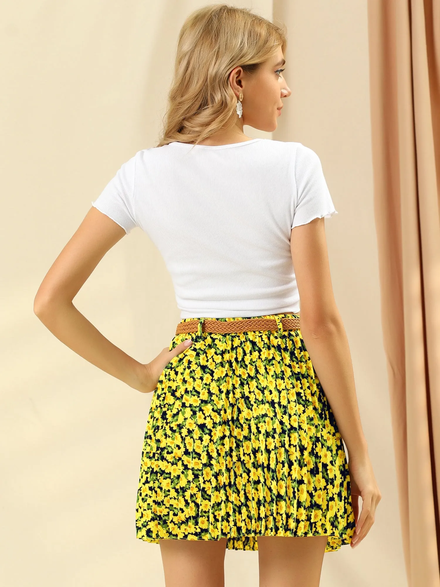 Pleat Mini Skater Elastic Waist A-Line Floral Skirt with Belt sold by Allegra K product image thumbnail 3