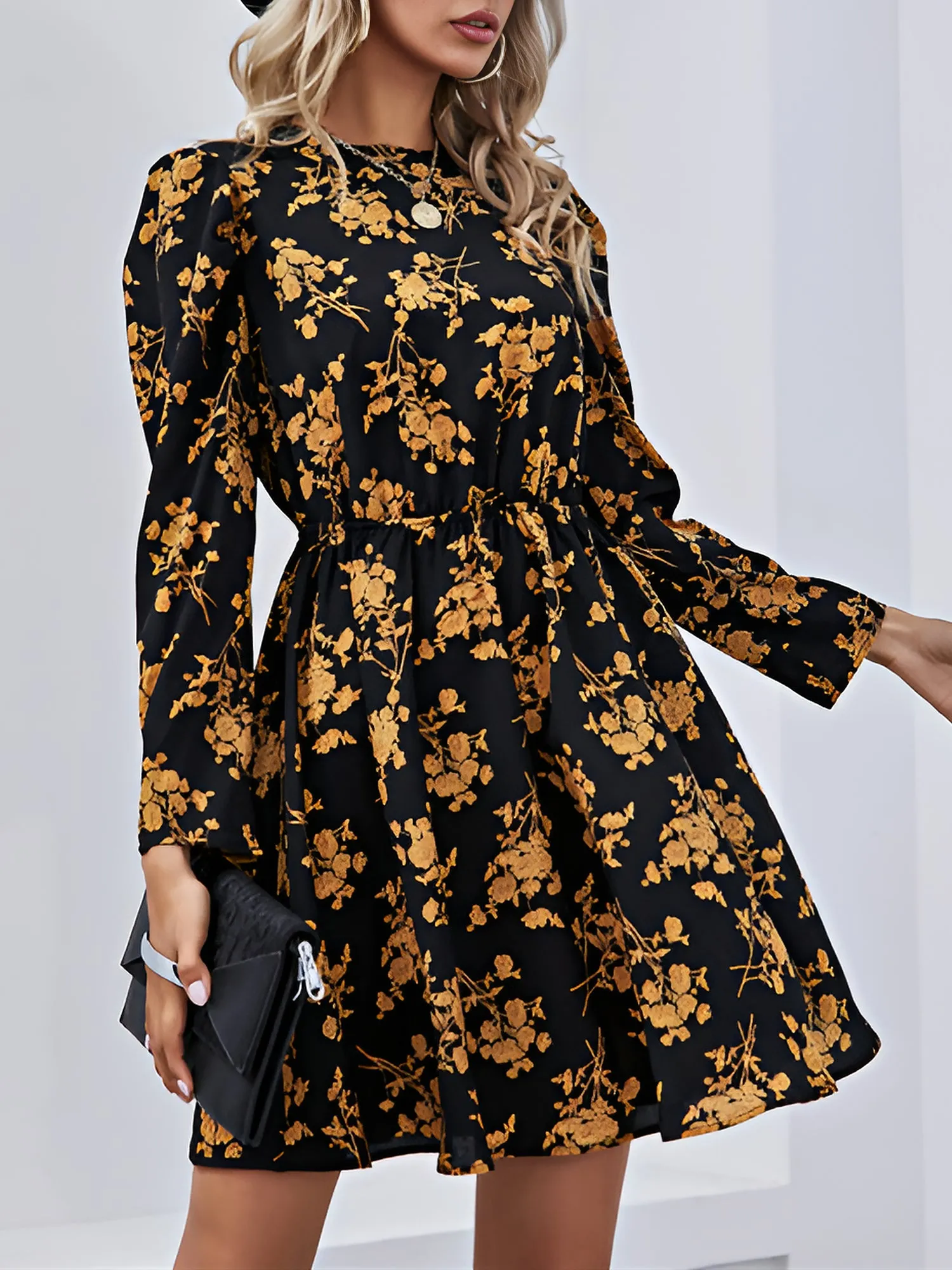 Floral Round Neck Long Sleeve Mini A-Line Dress sold by Allegra K