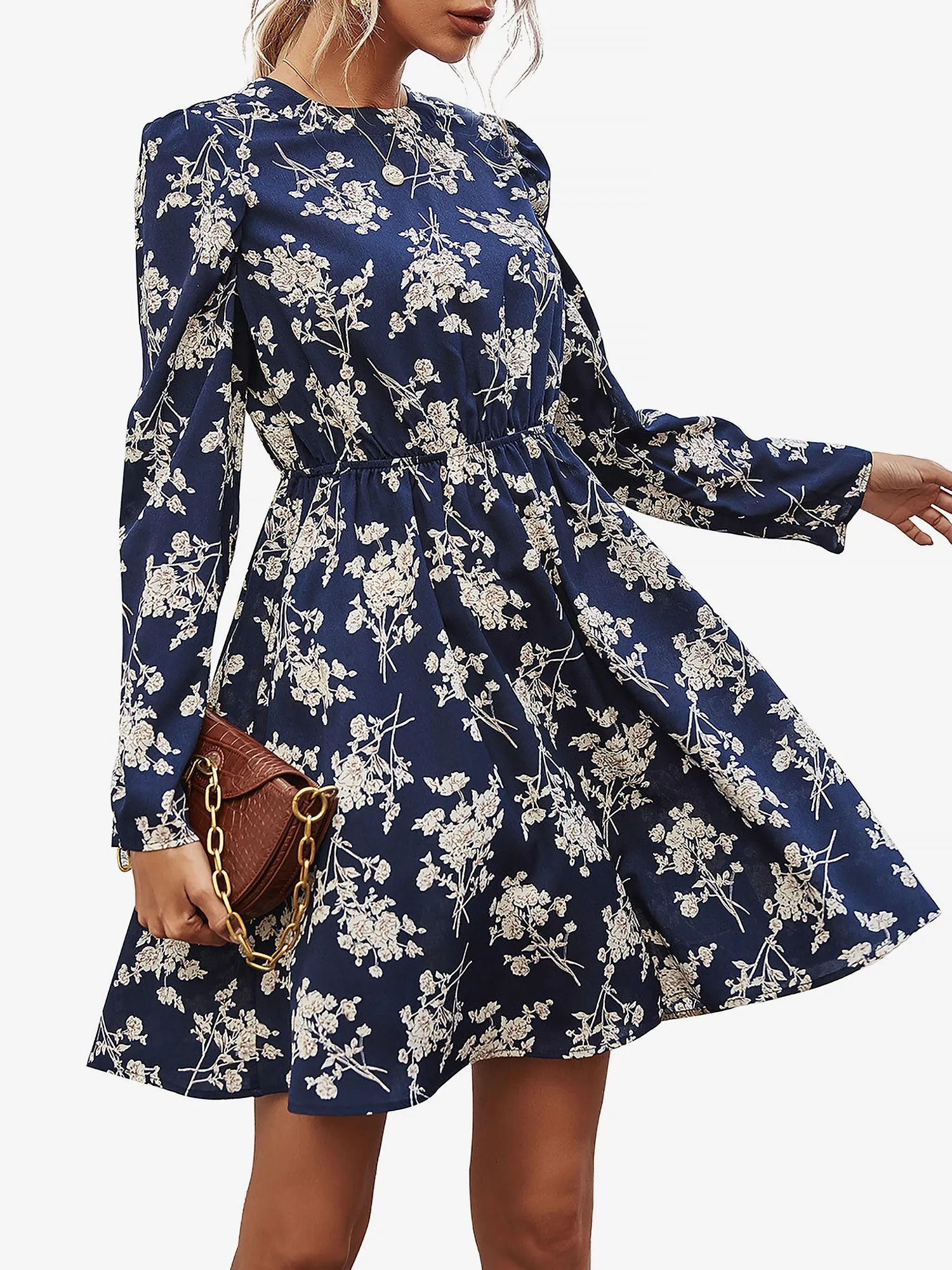 Floral Round Neck Long Sleeve Mini A-Line Dress sold by Allegra K product image thumbnail 5