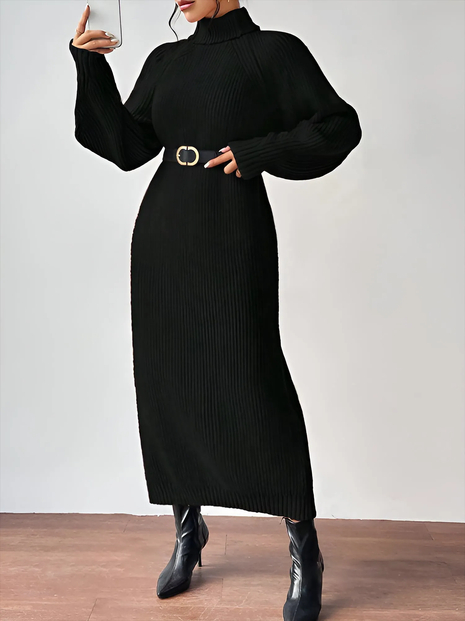 Turtle Neck Long Sleeve Knitted Midi Sweater Dress sold by Allegra K product image thumbnail 2