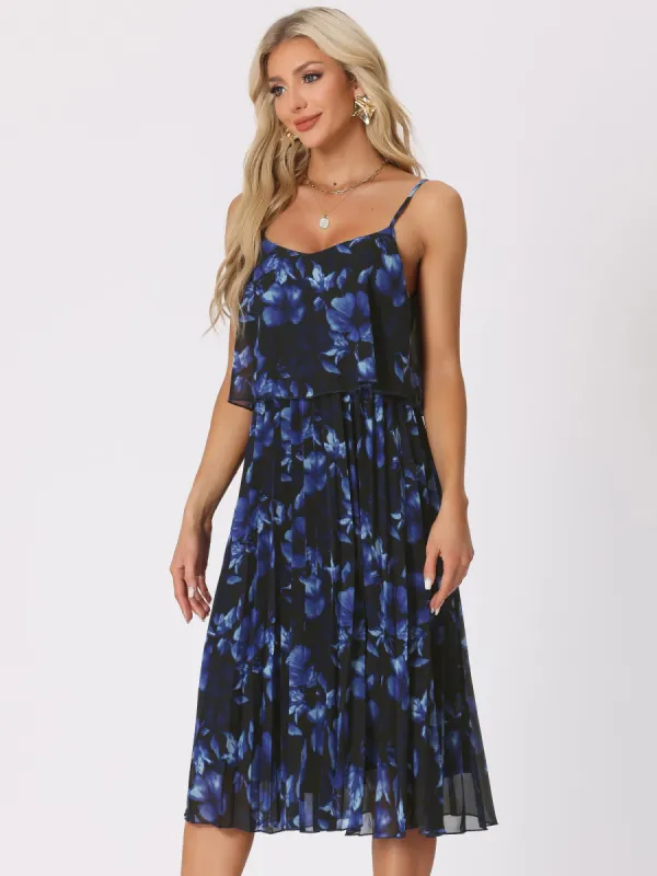 Spaghetti Strap Floral Pleated A-Line Midi Dress Sundress sold by Allegra K