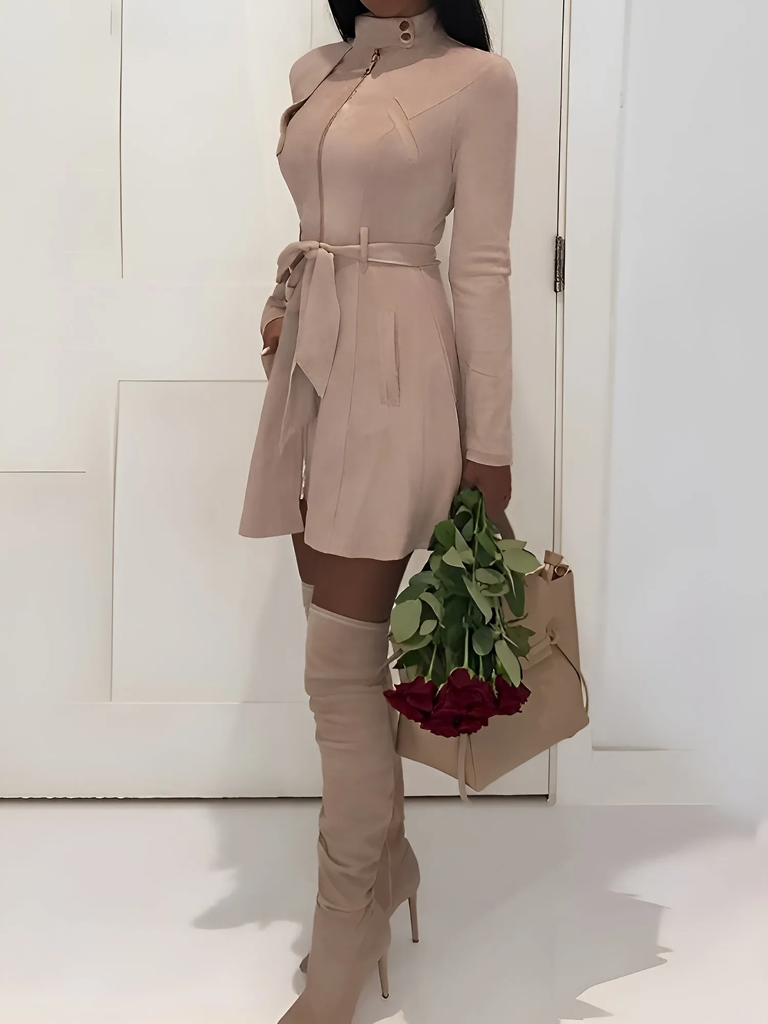 Faux Suede Long Sleeves Zipper Belted Mini Dress sold by Allegra K