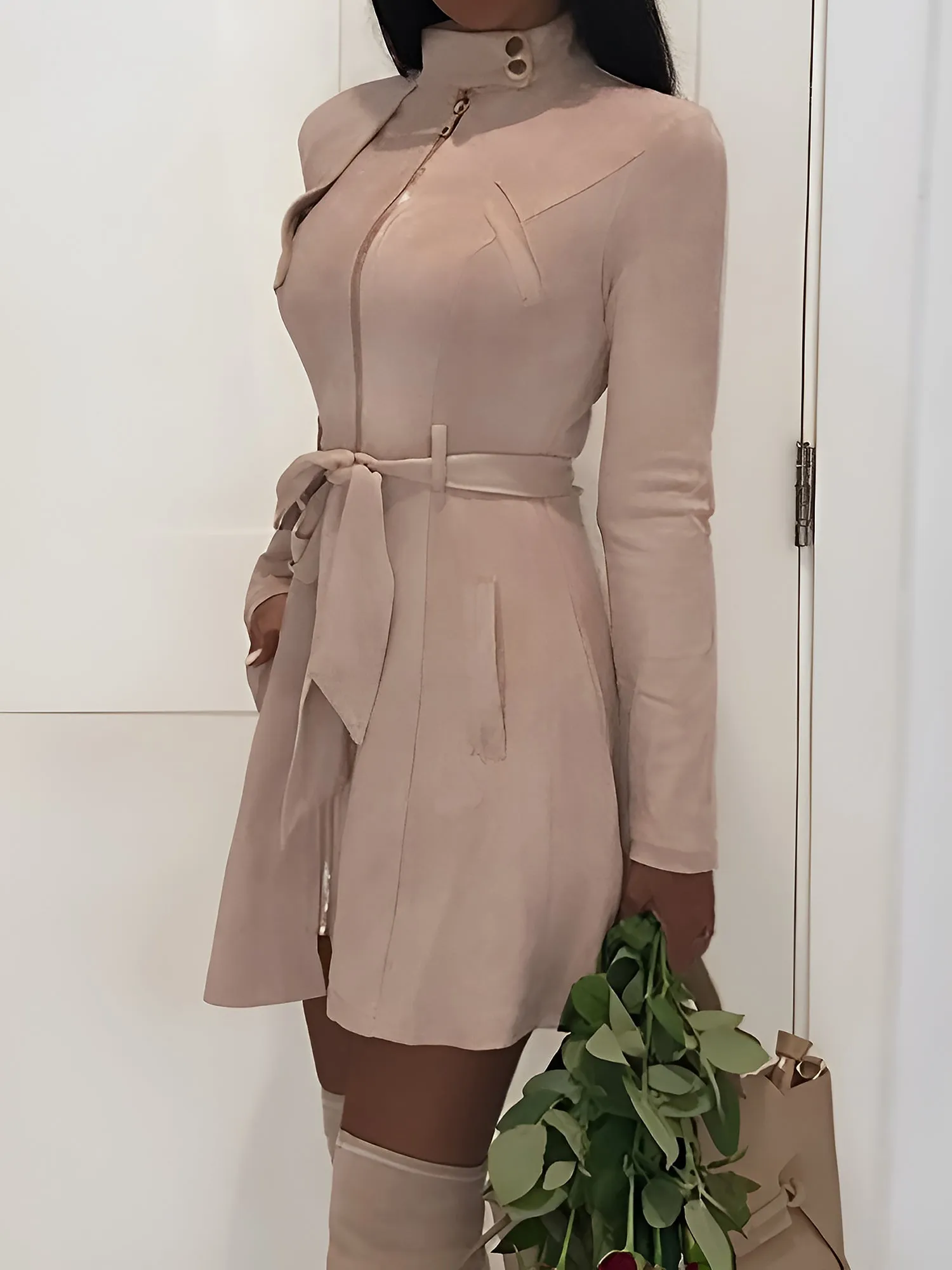 Faux Suede Long Sleeves Zipper Belted Mini Dress sold by Allegra K product image thumbnail 2