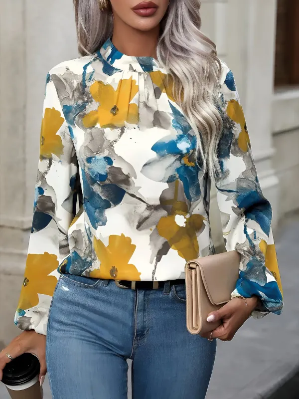 Round Neck Long Sleeves Floral Printed Blouse sold by Allegra K