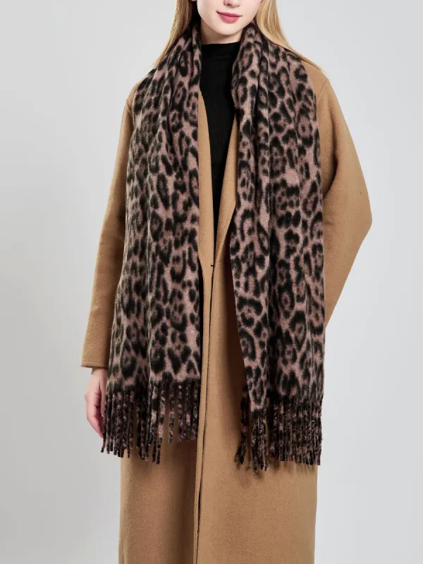 Leopard Print Mid Length Warm Tasseled Scarf sold by Allegra K