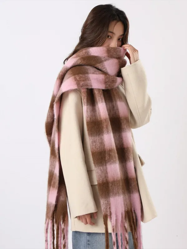 Warm Plaid Colorblock Tassel Long Scarf sold by Allegra K