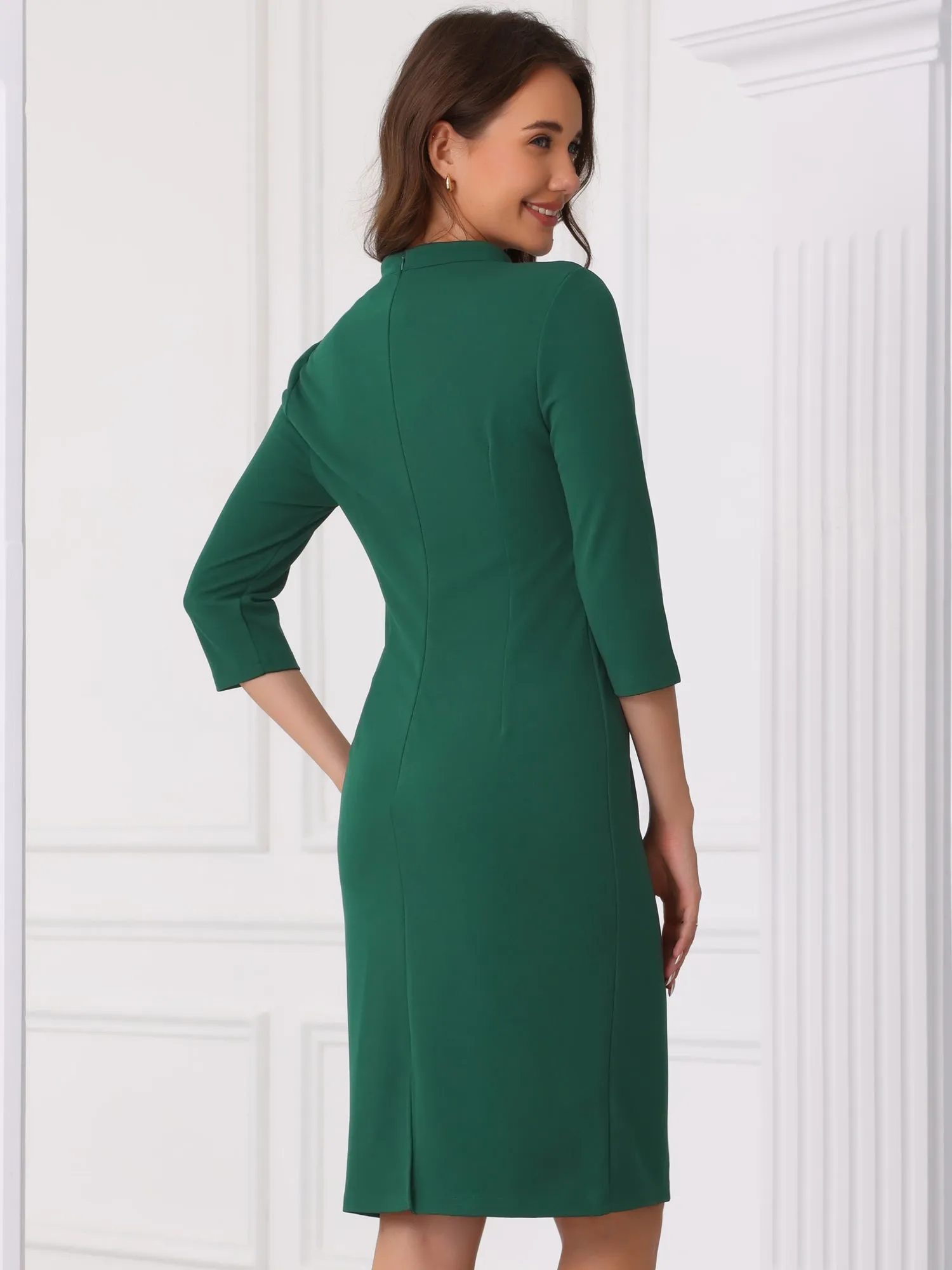 Notch Neck 3/4 Sleeve Slit Midi Work Sheath Dress sold by Allegra K product image thumbnail 3