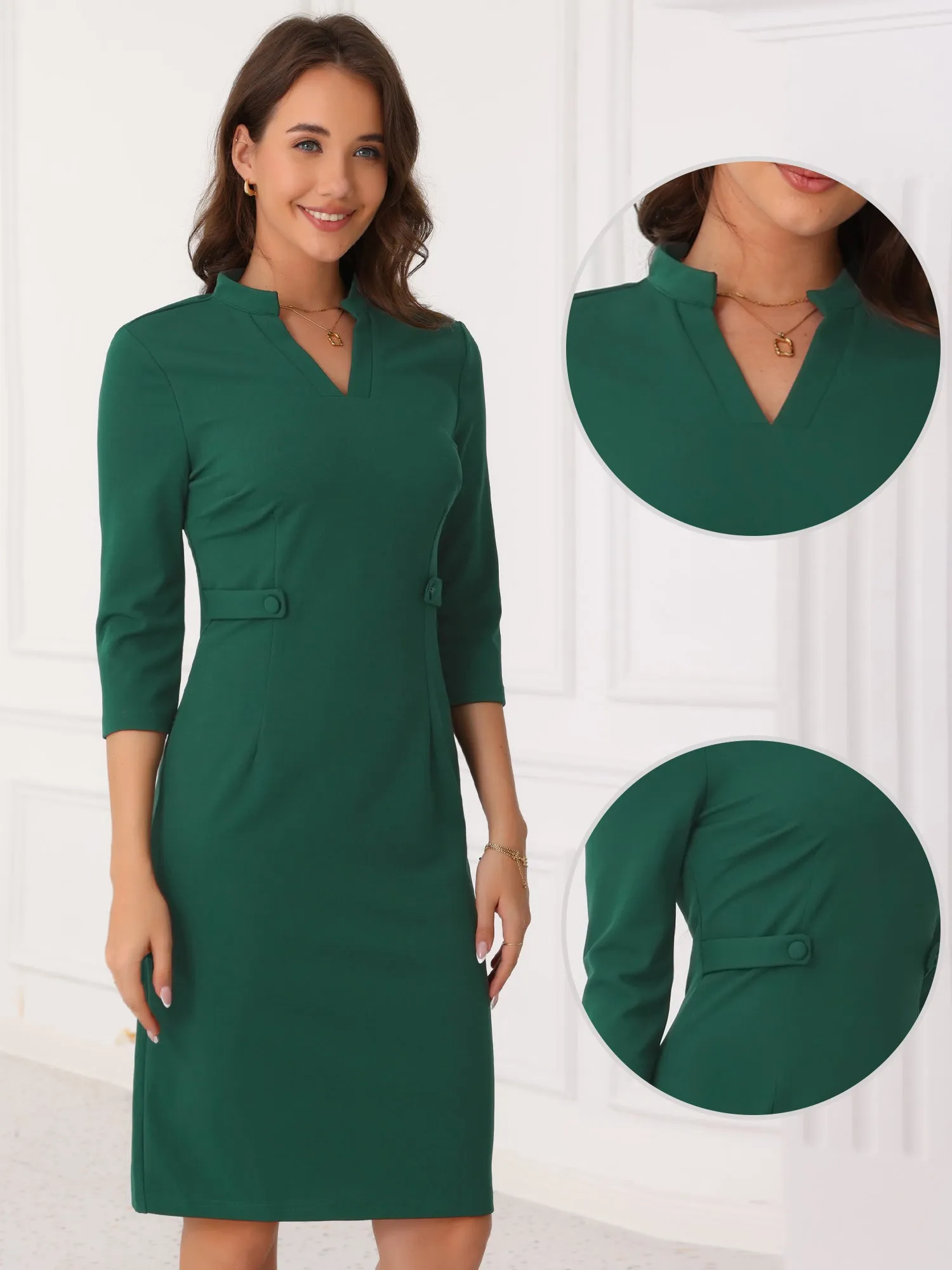 Notch Neck 3/4 Sleeve Slit Midi Work Sheath Dress sold by Allegra K product image thumbnail 2