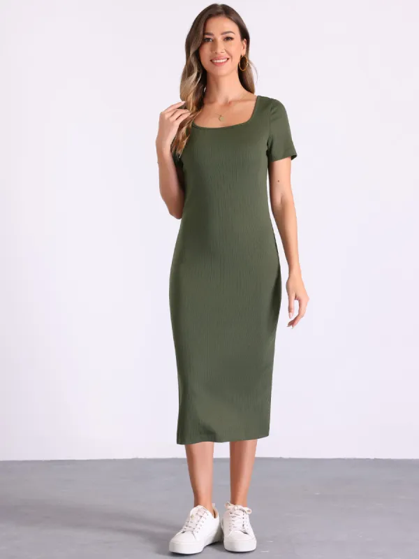 Short Sleeve Solid Color Slit Bodycon Midi Dress sold by Allegra K