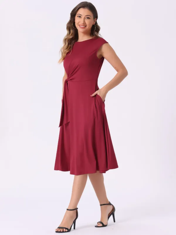 Cap Sleeves Ruched Knot Pocketed Midi A-Line Dress sold by Allegra K
