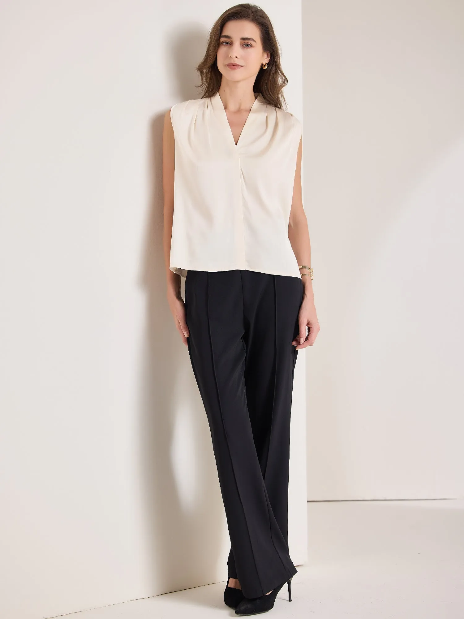 Satin V Neck Sleeveless Pleated Work Office Blouse sold by Allegra K product image thumbnail 2