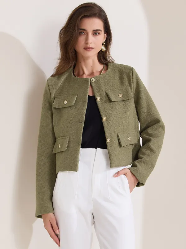 Round Neck Long Sleeve Button Down Cropped Tweed Jacket sold by Allegra K