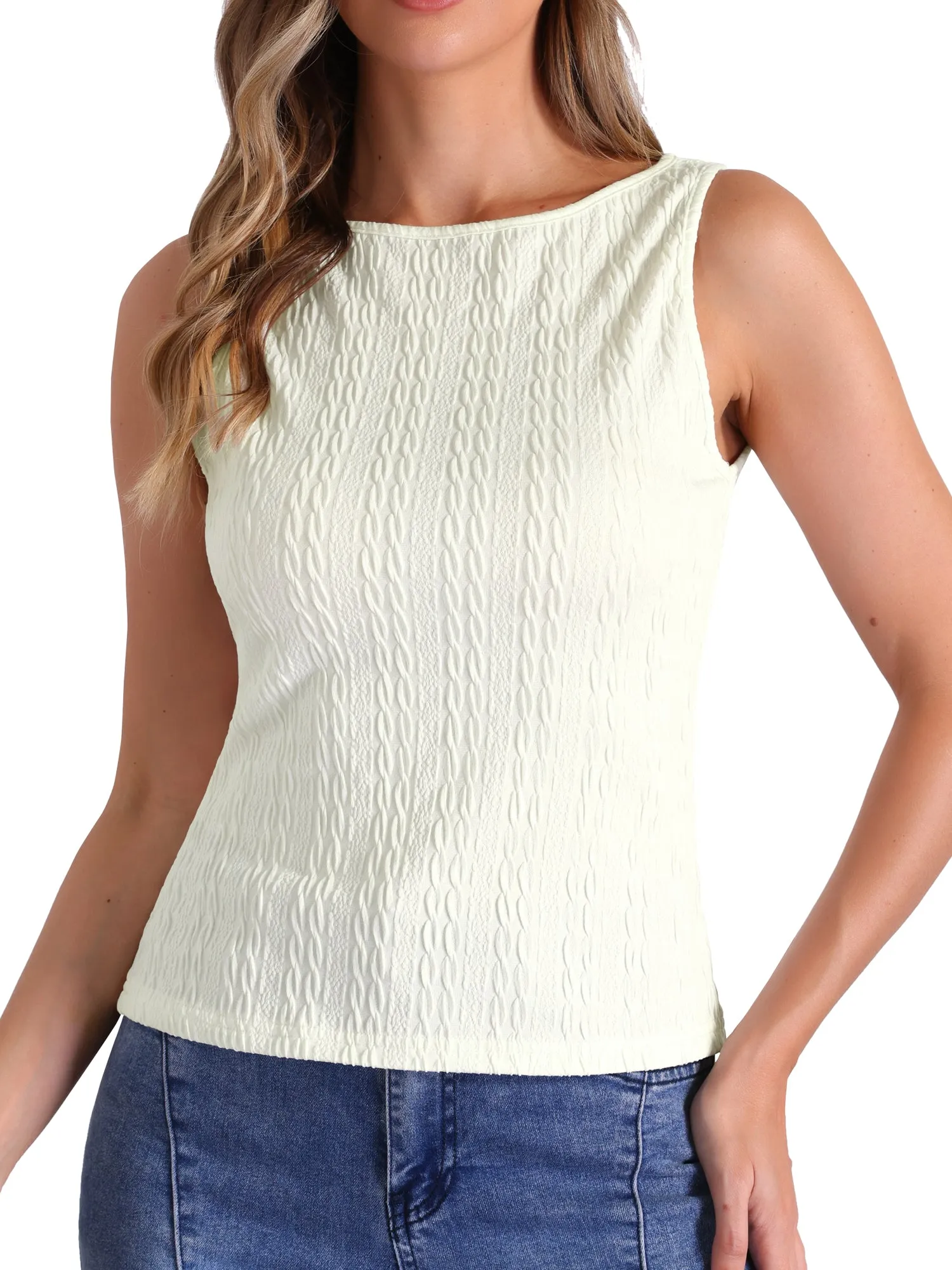 Textured Sleeveless Boat Neck Fitted Basic Top sold by Allegra K product image thumbnail 5