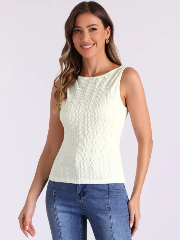 Textured Sleeveless Boat Neck Fitted Basic Top sold by Allegra K