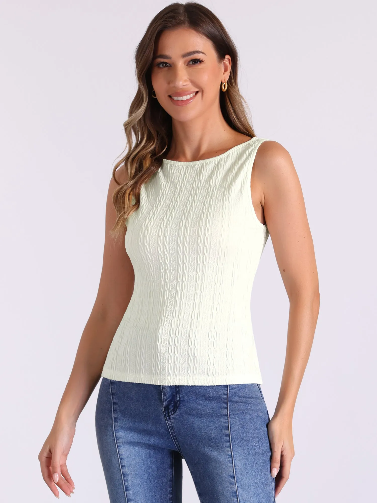 Textured Sleeveless Boat Neck Fitted Basic Top sold by Allegra K