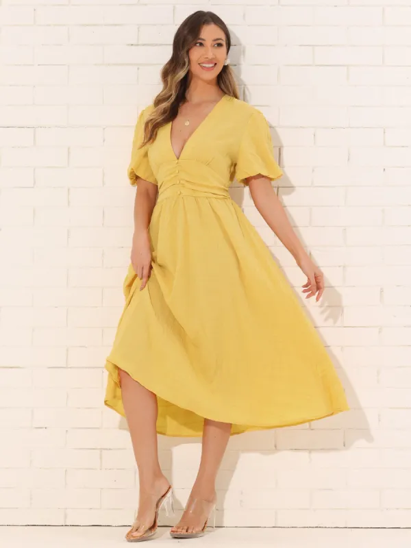 V-Neck Short Sleeve Casual Solid Elegant Midi A-Line Dress sold by Allegra K