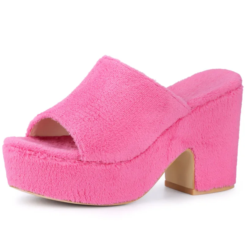 Women's Faux Fur Platform Slides Chunky Heel Sandals made by Allegra K