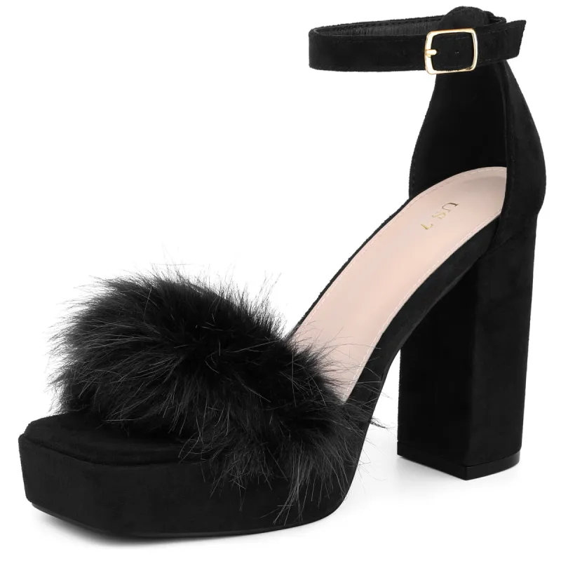 Women's Platform Ankle Strap Faux Fur Square Toe Chunky Heels Sandals sold by Allegra K