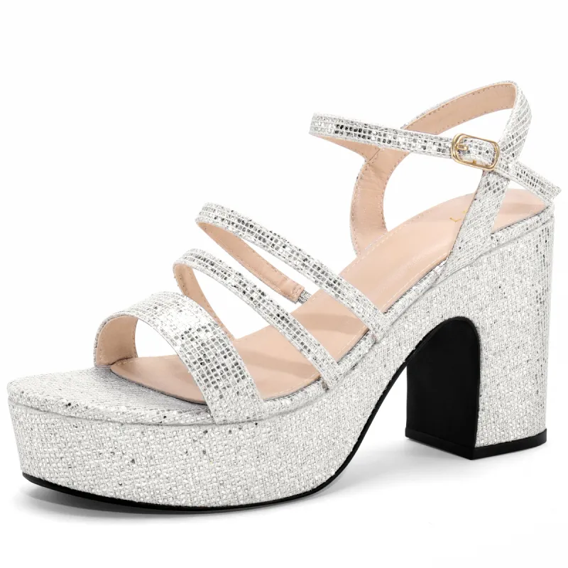 Women's Glitter Strappy Strap High Platform Chunky Heel Sandals sold by Allegra K