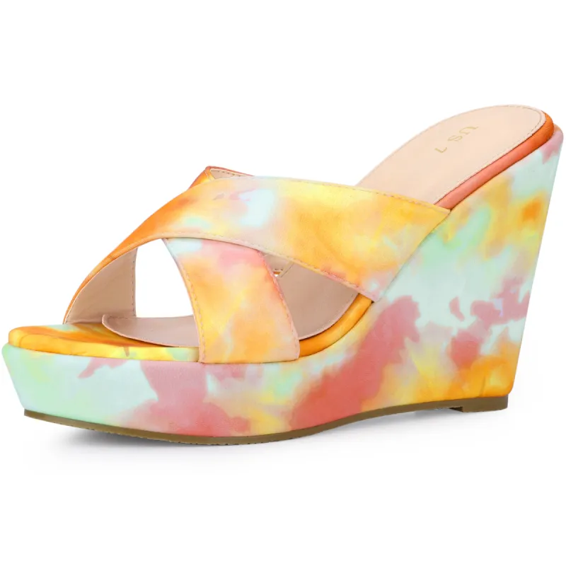 Women's Platform Slip on Tie Dyed Strap Wedge Heels Sandals sold by Allegra K