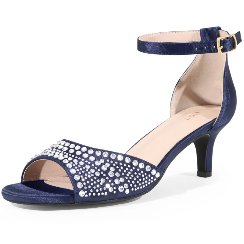 Women's Rhinestone Ankle Strap Kitten Heel Satin Sandals sold by Allegra K