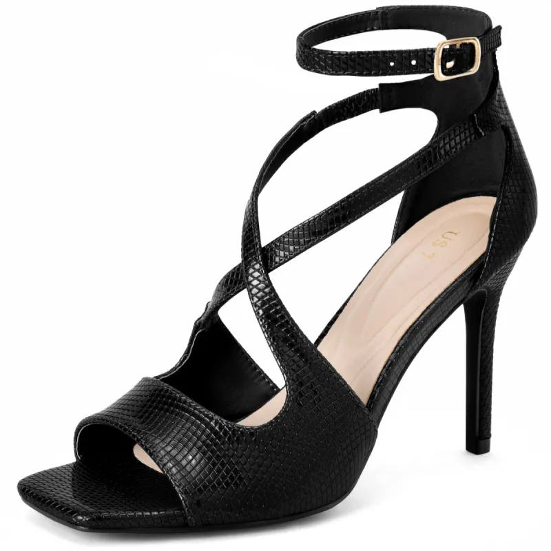 Women's Patent Leather Ankle Strap Squared Toe Stiletto Heel Sandals sold by Allegra K