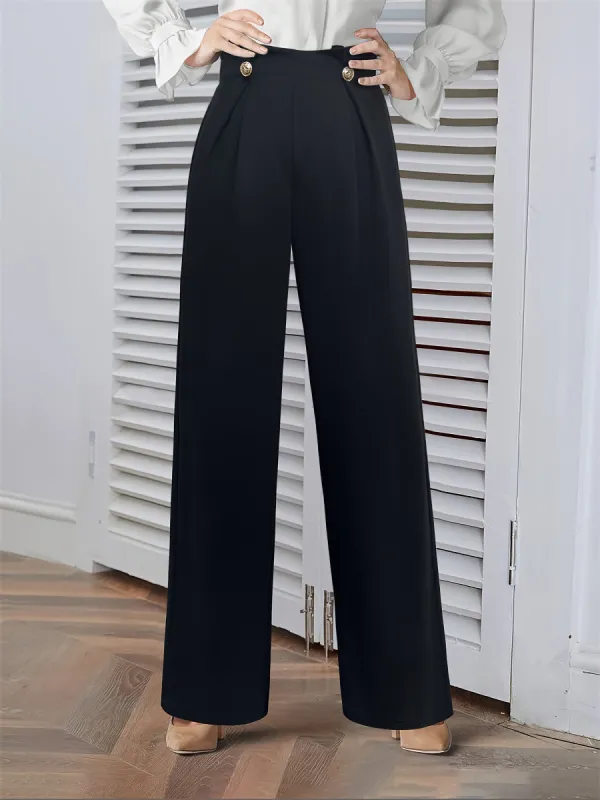 Solid Color Buttoned Decor Wide Leg Trousers Pants sold by Allegra K