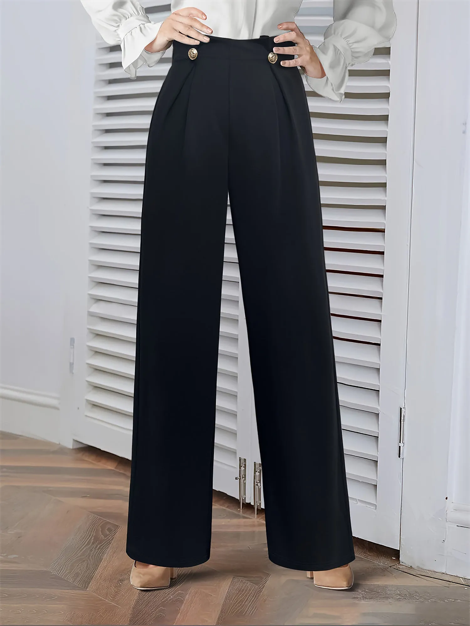 Solid Color Buttoned Decor Wide Leg Trousers Pants sold by Allegra K