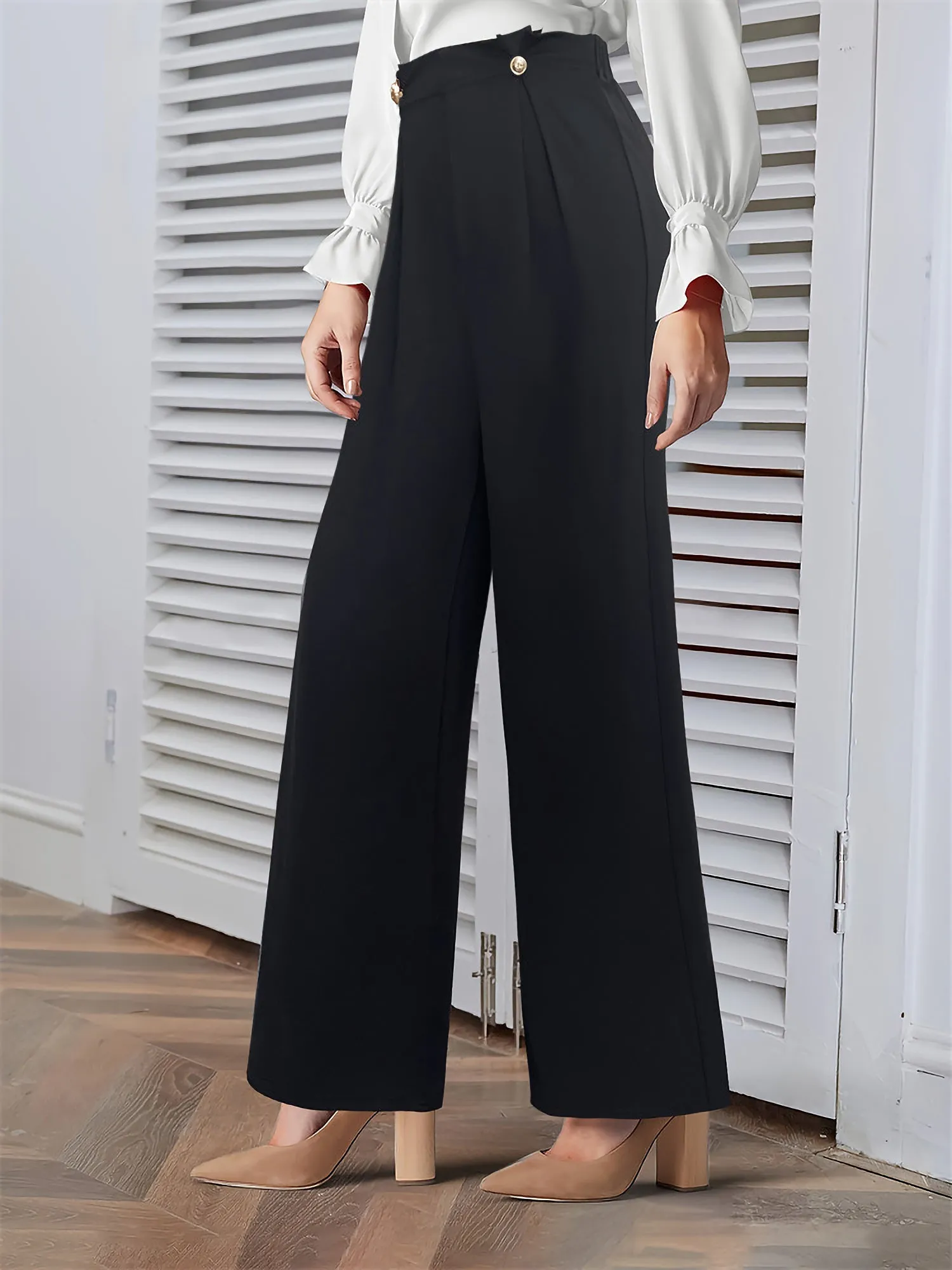 Solid Color Buttoned Decor Wide Leg Trousers Pants sold by Allegra K product image thumbnail 2