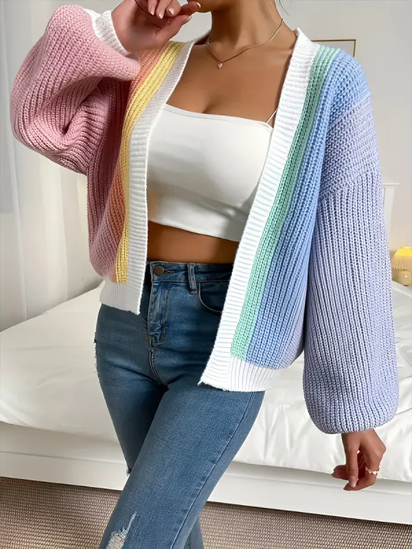 Coloblock Long Lantern Sleeve Ribbed Knit Cardigan sold by Allegra K