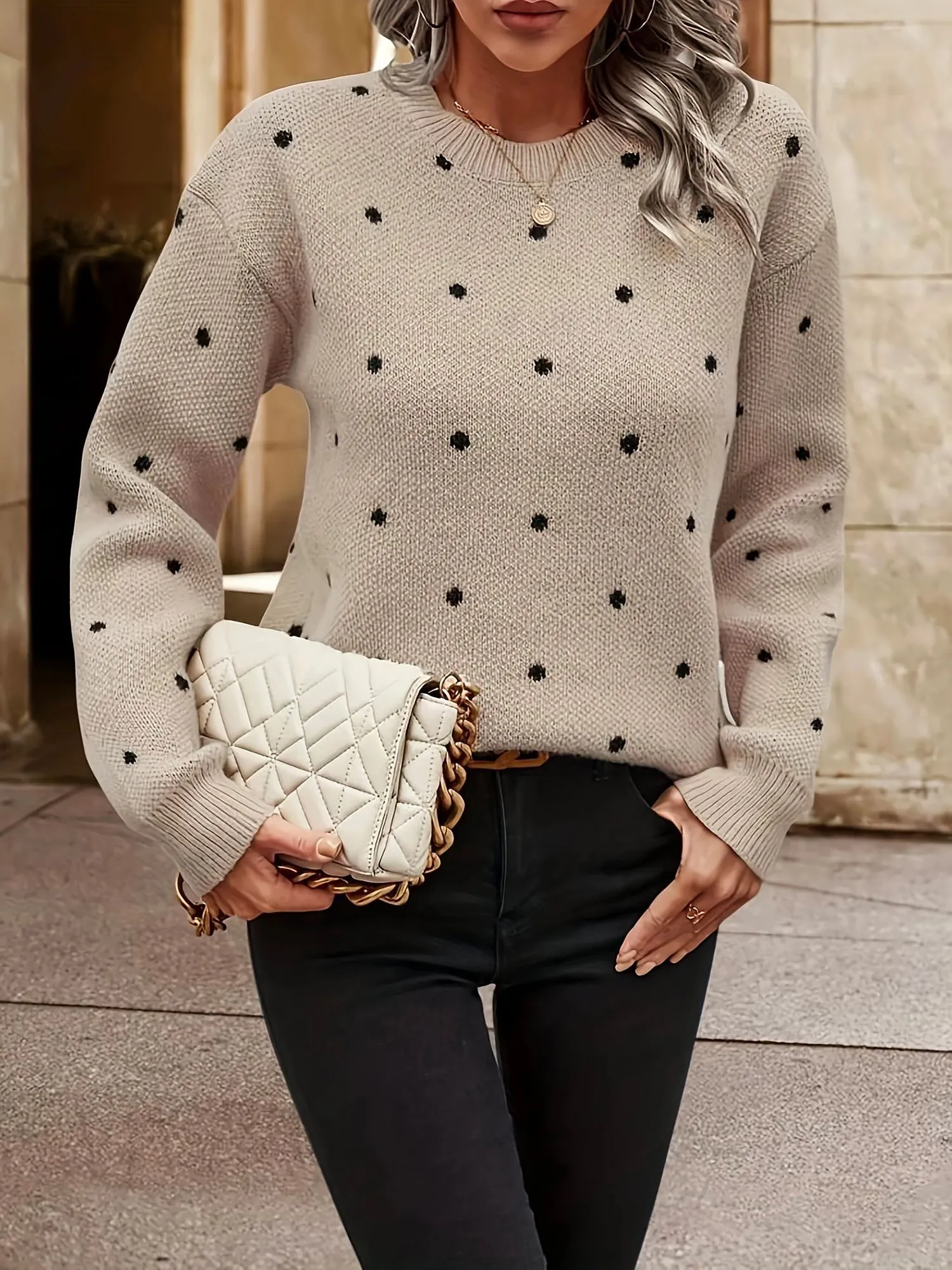Polka Dot Round Neck Long Sleeve Sweater sold by Allegra K product image thumbnail 5