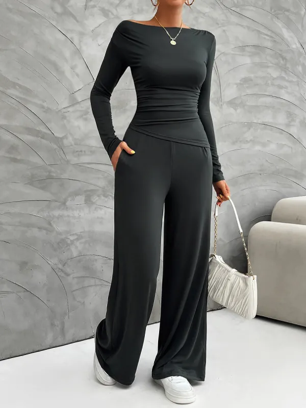 2 Pieces Long Sleeves Ruched Tops & Straight Wide Leg Pants Set sold by Allegra K