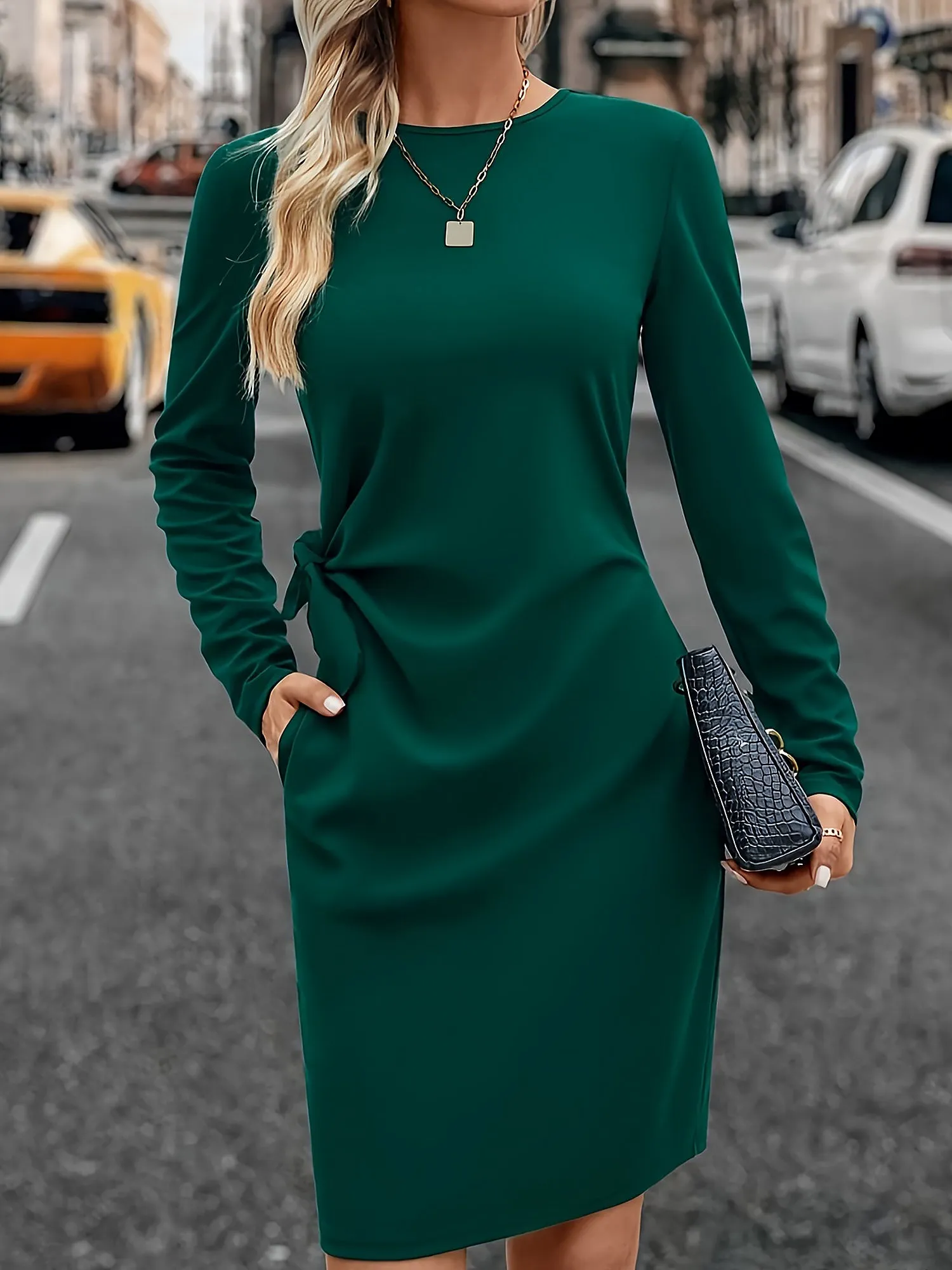 Solid Color Ruched Long Sleeves Midi Dress sold by Allegra K product image thumbnail 2