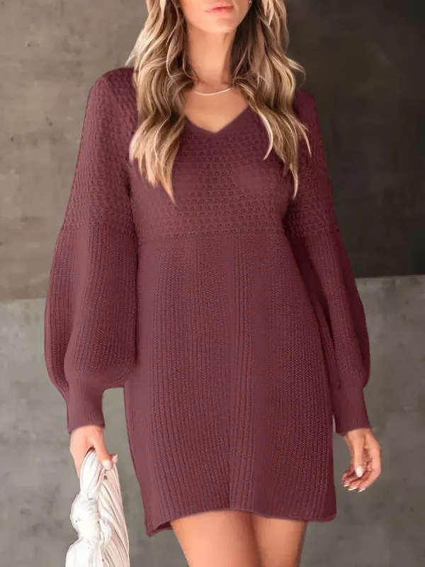 V Neck Lantern Sleeve Solid Color Knitted Mini Sweater Dress sold by Allegra K