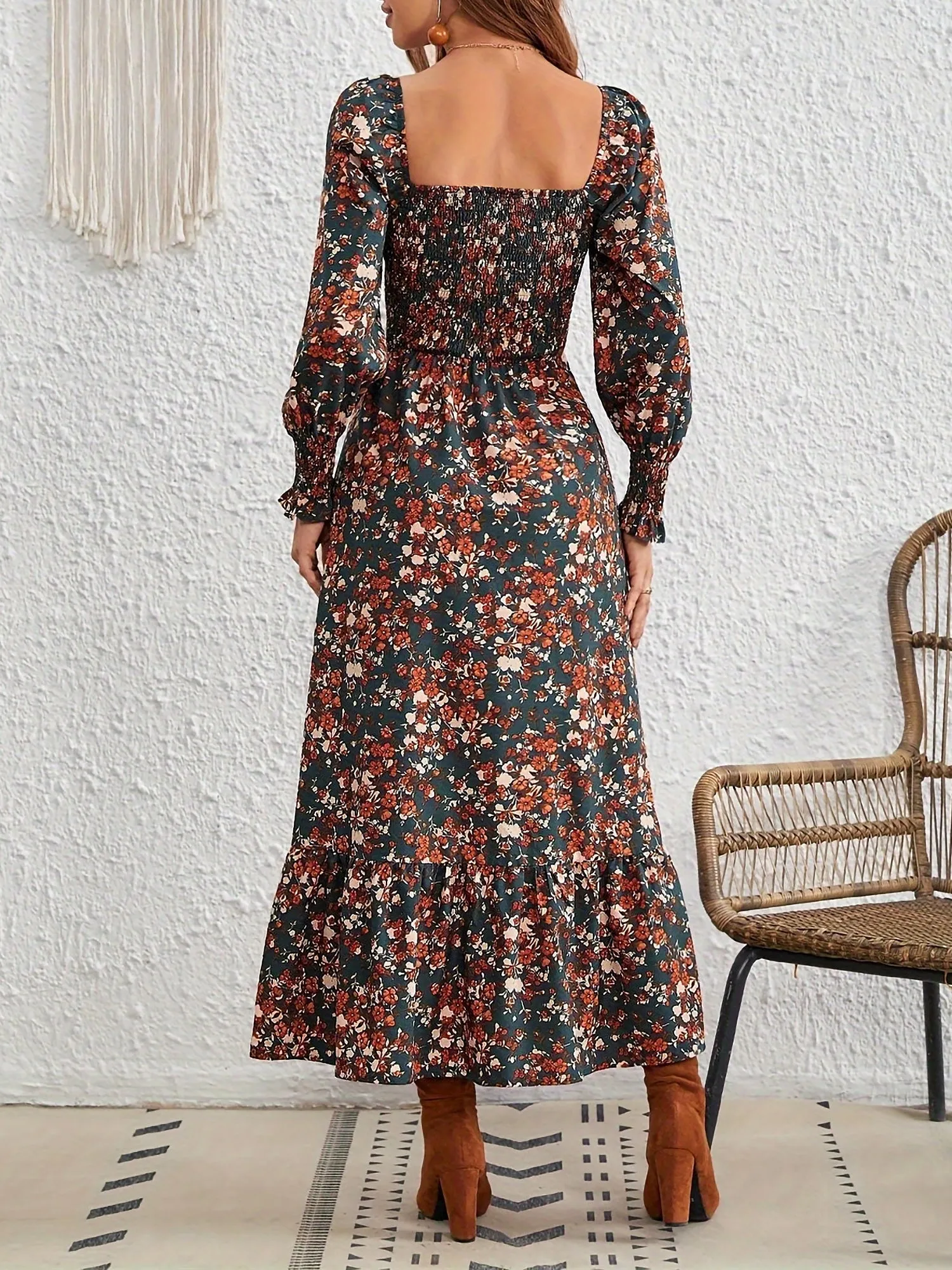 Square Neck Lantern Long Sleeve Floral Smocked Maxi Dress sold by Allegra K product image thumbnail 2