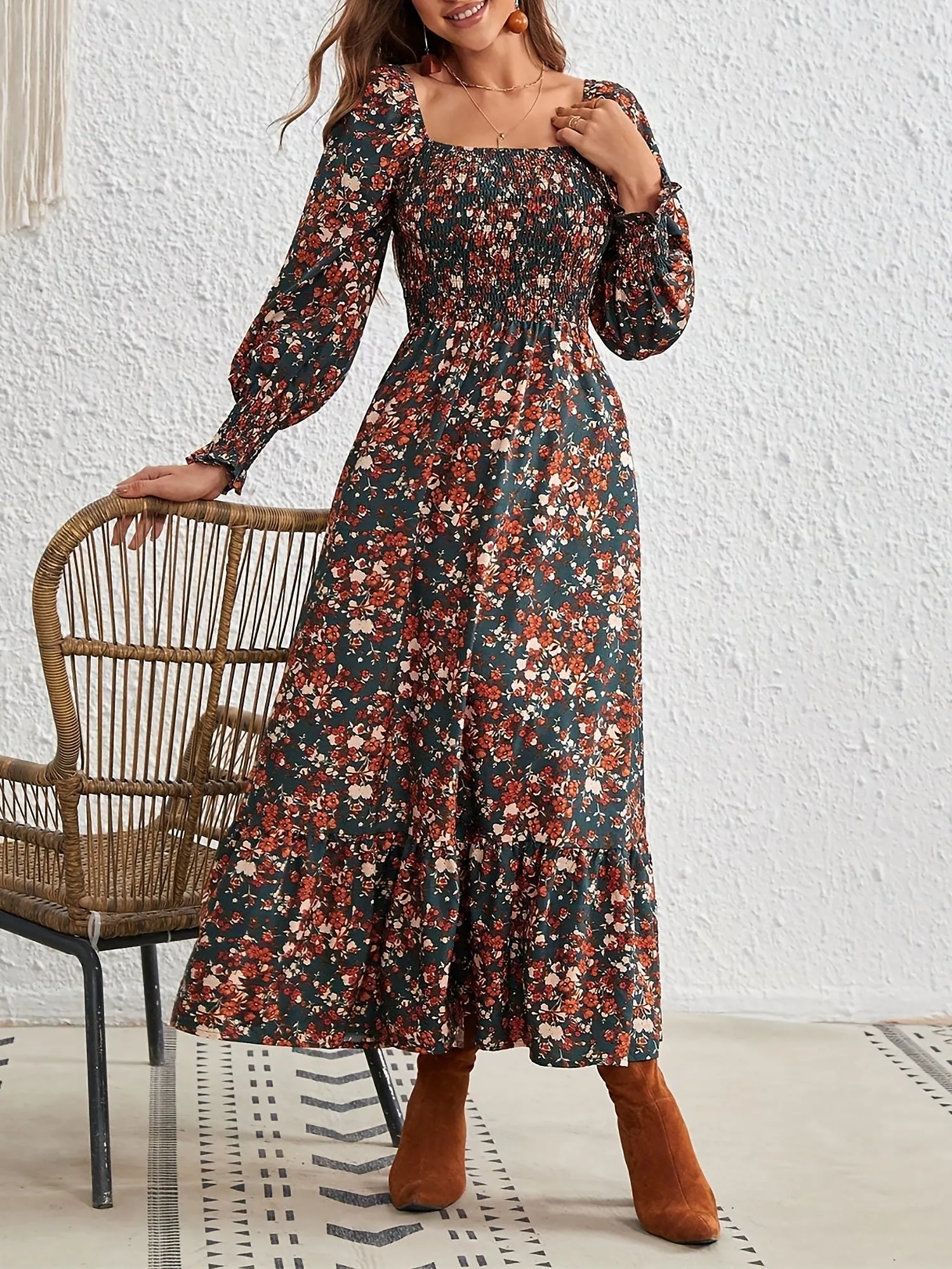Square Neck Lantern Long Sleeve Floral Smocked Maxi Dress sold by Allegra K