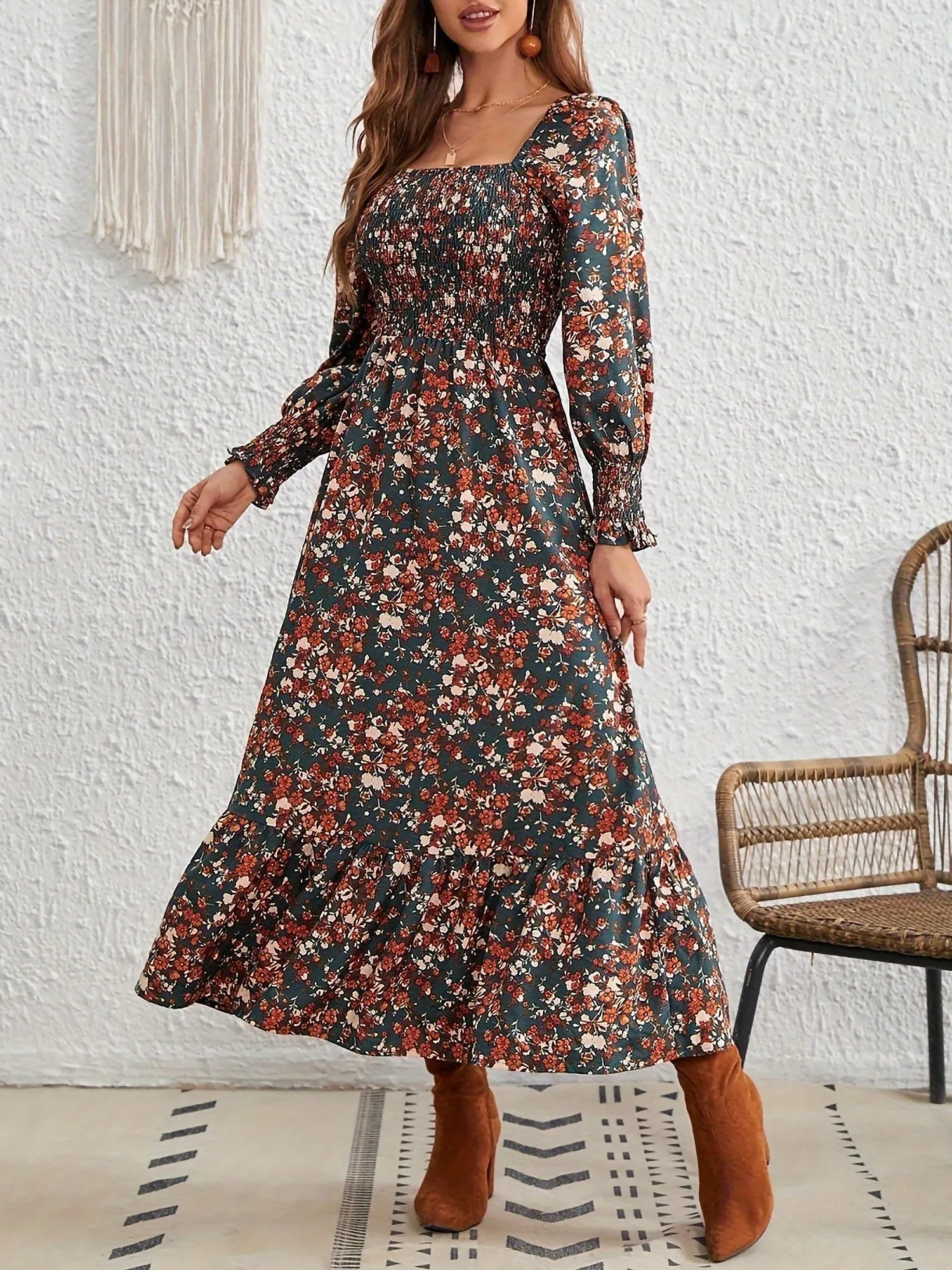 Square Neck Lantern Long Sleeve Floral Smocked Maxi Dress sold by Allegra K product image thumbnail 5