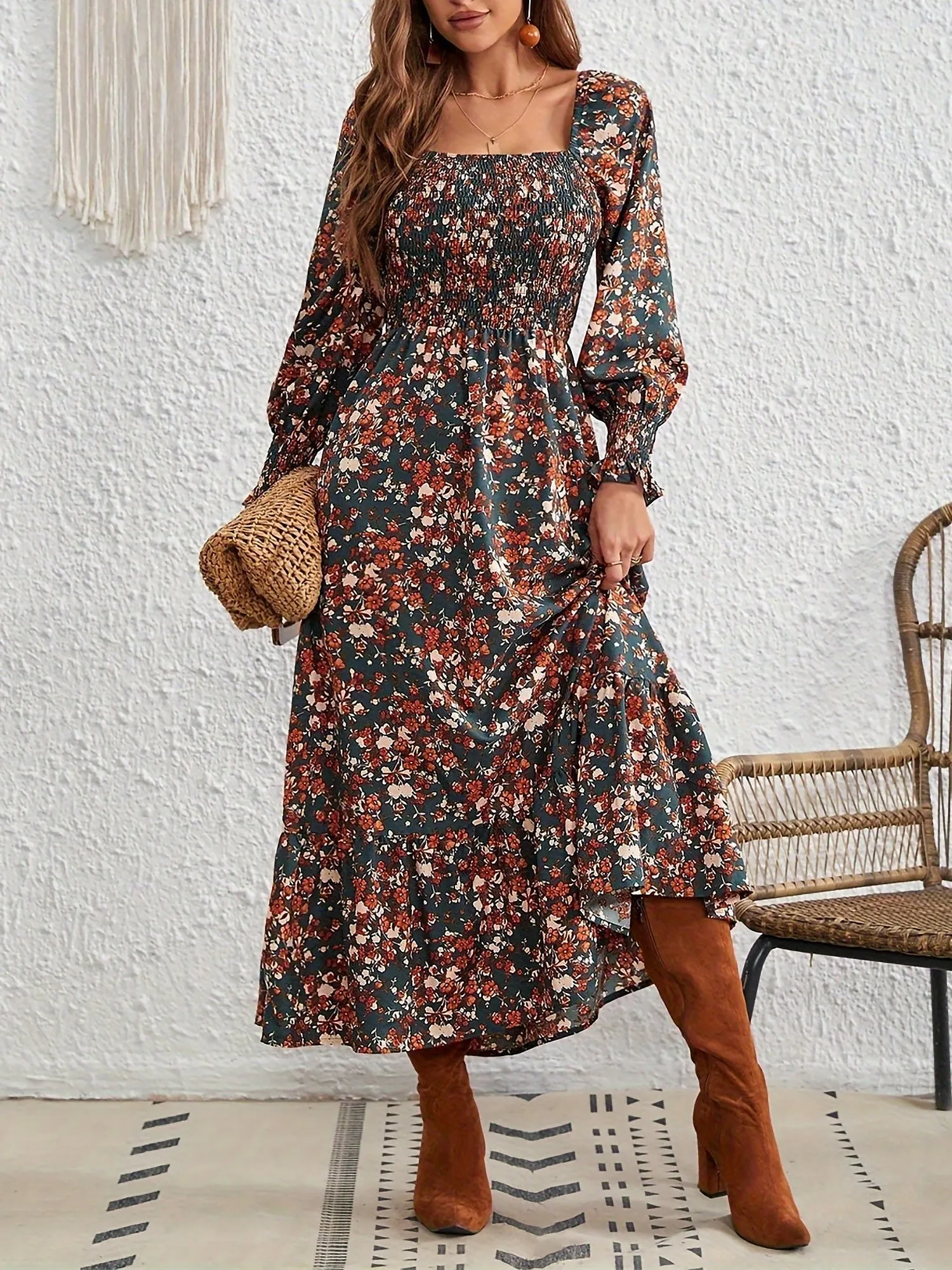 Square Neck Lantern Long Sleeve Floral Smocked Maxi Dress sold by Allegra K product image thumbnail 4