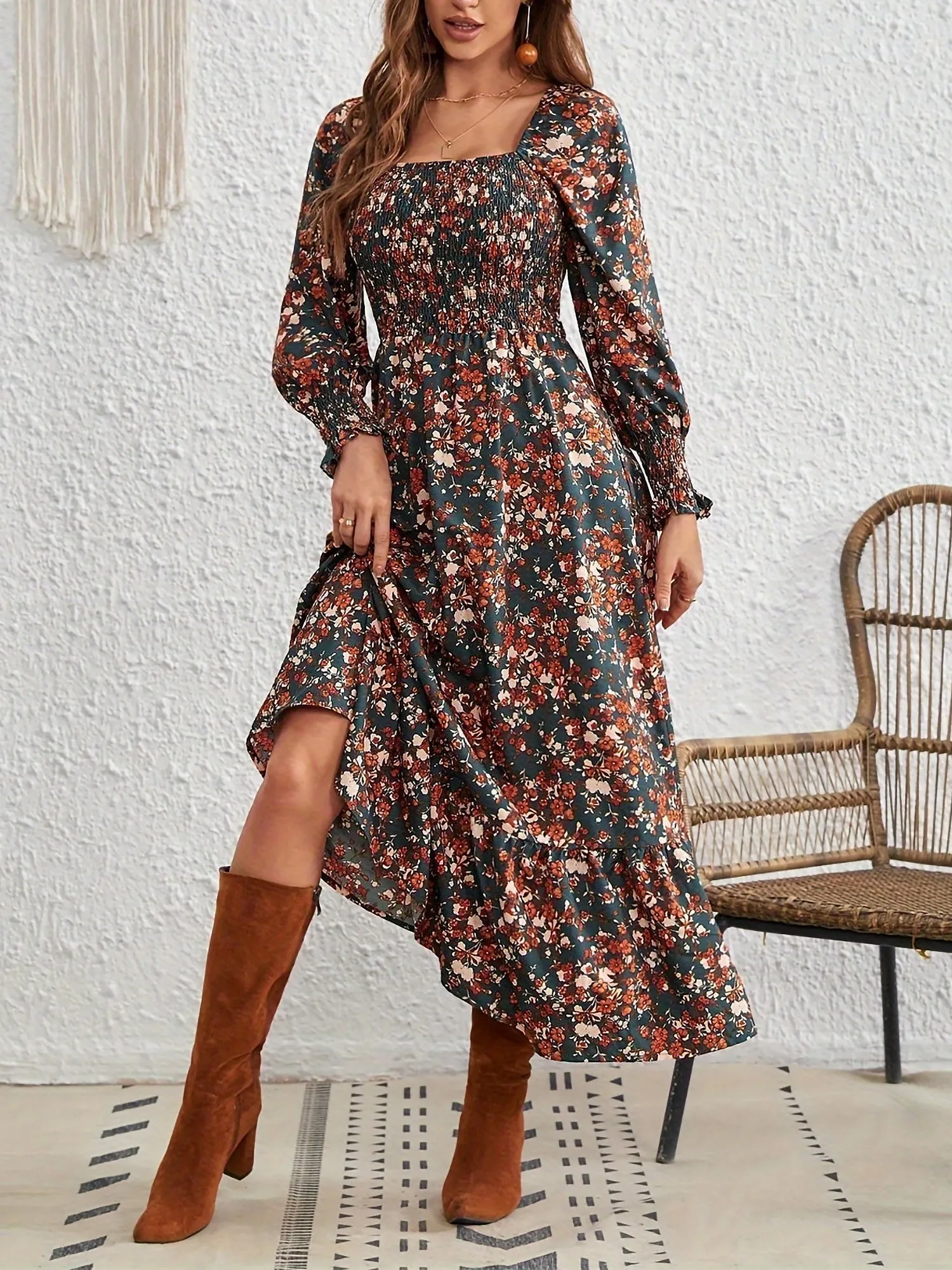Square Neck Lantern Long Sleeve Floral Smocked Maxi Dress sold by Allegra K product image thumbnail 3