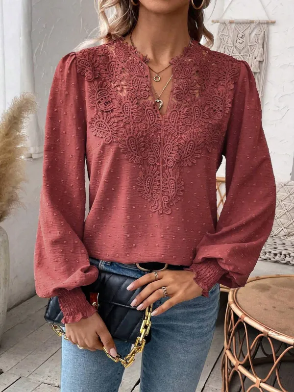 Mixed Pattern Paisley Lace Swiss Dots Smocked Long Sleeve Blouse sold by Allegra K