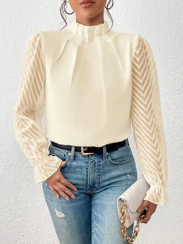Wrinkle-Resistant Chiffon Mock Neck Sheer Long Sleeves Pleated Work & Business Blouse sold by Allegra K