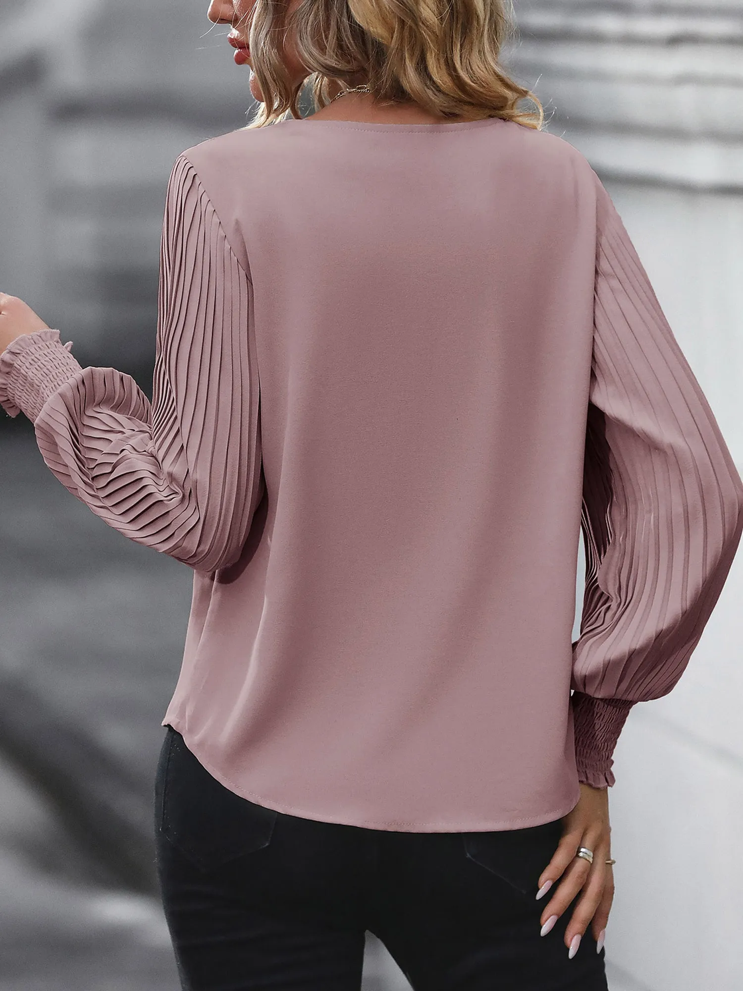 V Neck Pleated Smocked Long Sleeves Blouse sold by Allegra K product image thumbnail 2