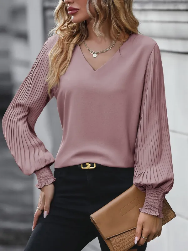V Neck Pleated Smocked Long Sleeves Blouse sold by Allegra K