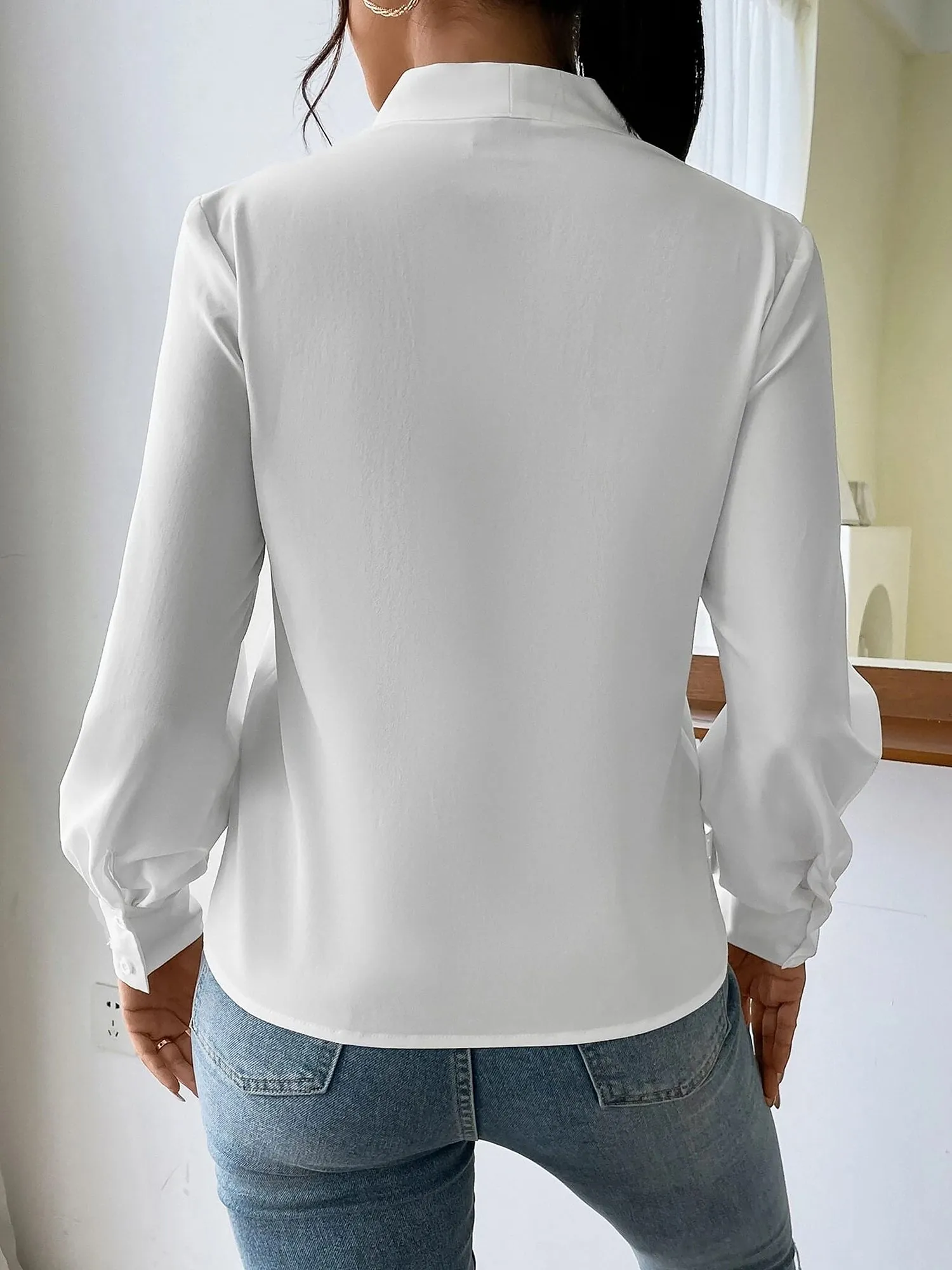 Classic Elegant V Neck Pleated Long Sleeves Solid Color Blouse sold by Allegra K product image thumbnail 3